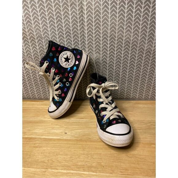 Converse Chuck Taylor Black High Tops with multicolored hearts - Picture 1 of 11